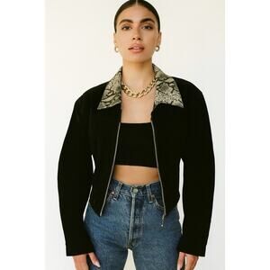 Vintage WILSON LEATHER Suede Black Snake Skin Pattern Collared Crop Jacket Sz M